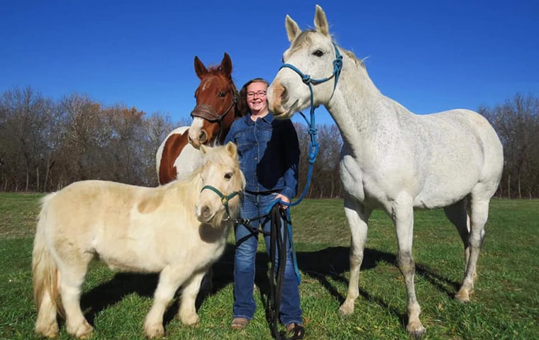 A veterinarian in blue jeans and a denim shirt stands outdoors on grass, holding the reins of a white horse, a brown-and-white horse, and a small cream-colored pony, with trees and a clear blue sky in the background.