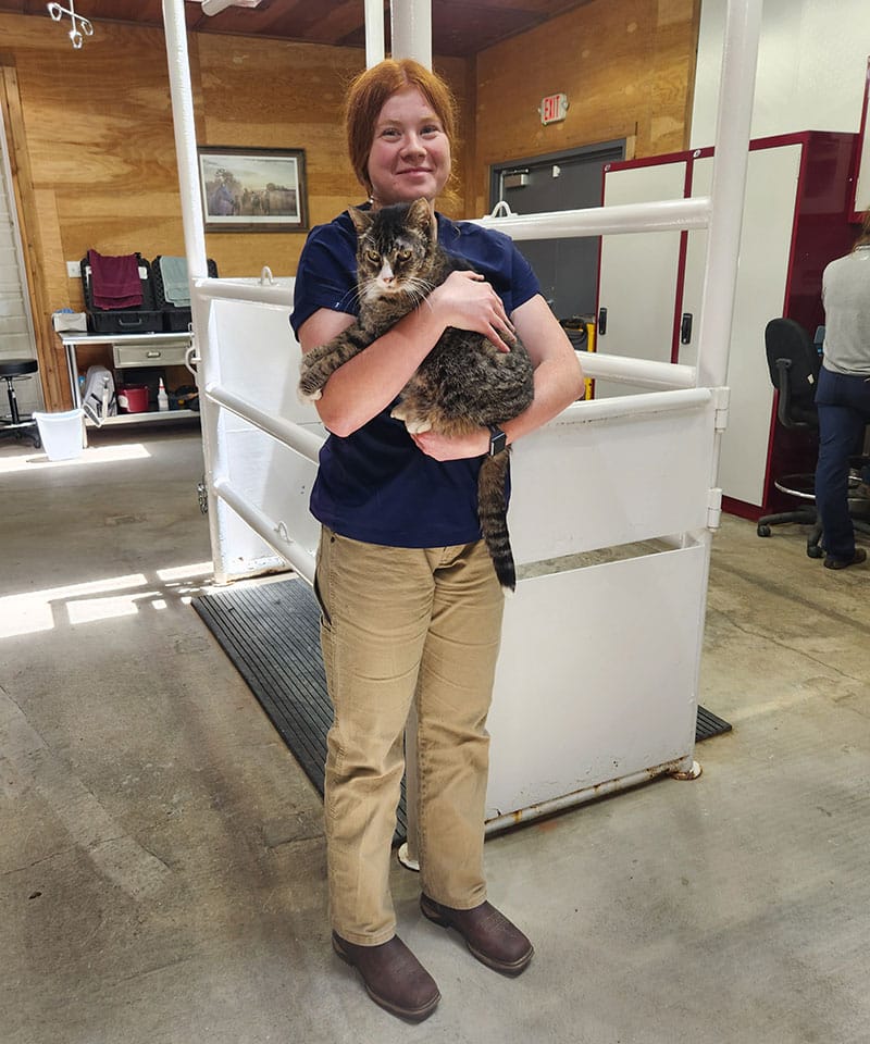A person with red hair in a navy shirt and khaki pants stands indoors, smiling and holding a large tabby cat at an animal hospital. The setting appears to be a veterinary clinic or facility with stalls and office areas.