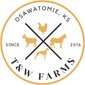 A circular logo for T&W Farms in Osawatomie, KS, featuring silhouettes of a chicken, goat, pig, and dog—perfect for a farm or pet clinic. It reads "Since 2016" and "T&W Farms" at the bottom.