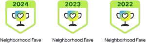 Three badges labeled "Neighborhood Fave" for 2024, 2023, and 2022, each featuring a trophy icon with a heart in the center, on a green-shaded background—perfect for celebrating your favorite vet or animal hospital.