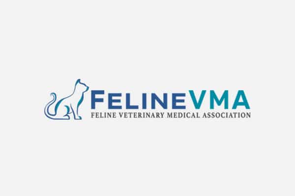 Logo for Feline Veterinary Medical Association featuring a simple blue outline of a sitting cat next to the text "FelineVMA" and "Feline Veterinary Medical Association" below.