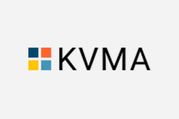 Logo with four colored squares (blue, red, yellow, and teal) arranged in a grid on the left, and the bold black letters "KVMA" to the right, on a light gray background.