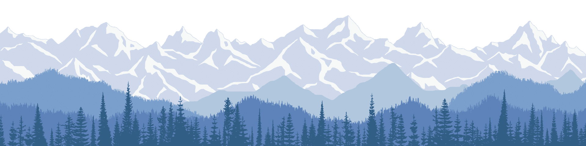 Illustration of snow-capped mountain peaks with layered ridges in shades of blue and a dense forest of pine trees in the foreground under a clear sky.